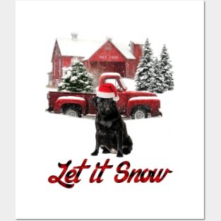 Black Pug Let It Snow Tree Farm Red Truck Christmas Posters and Art